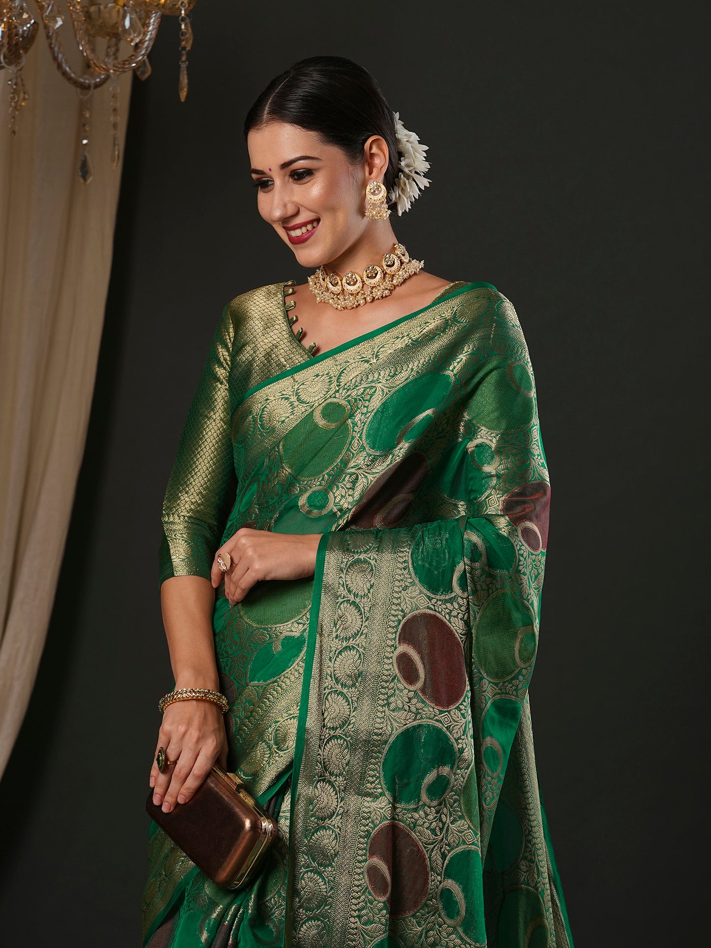 Women's Georgette Teal green Woven Design Designer Saree With Blouse Piece