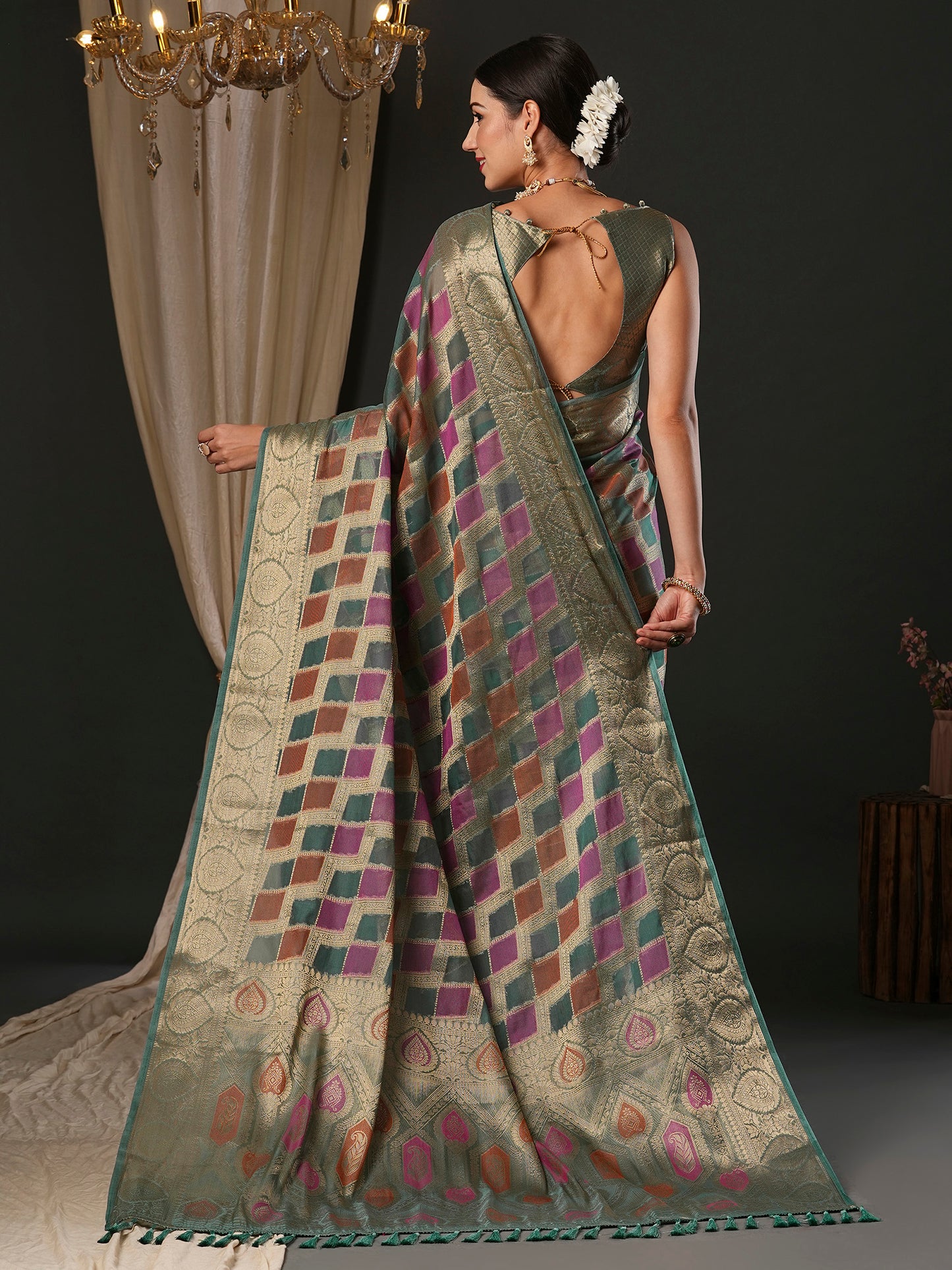 Women's Organza Sea Green Woven Design Designer Saree With Blouse Piece