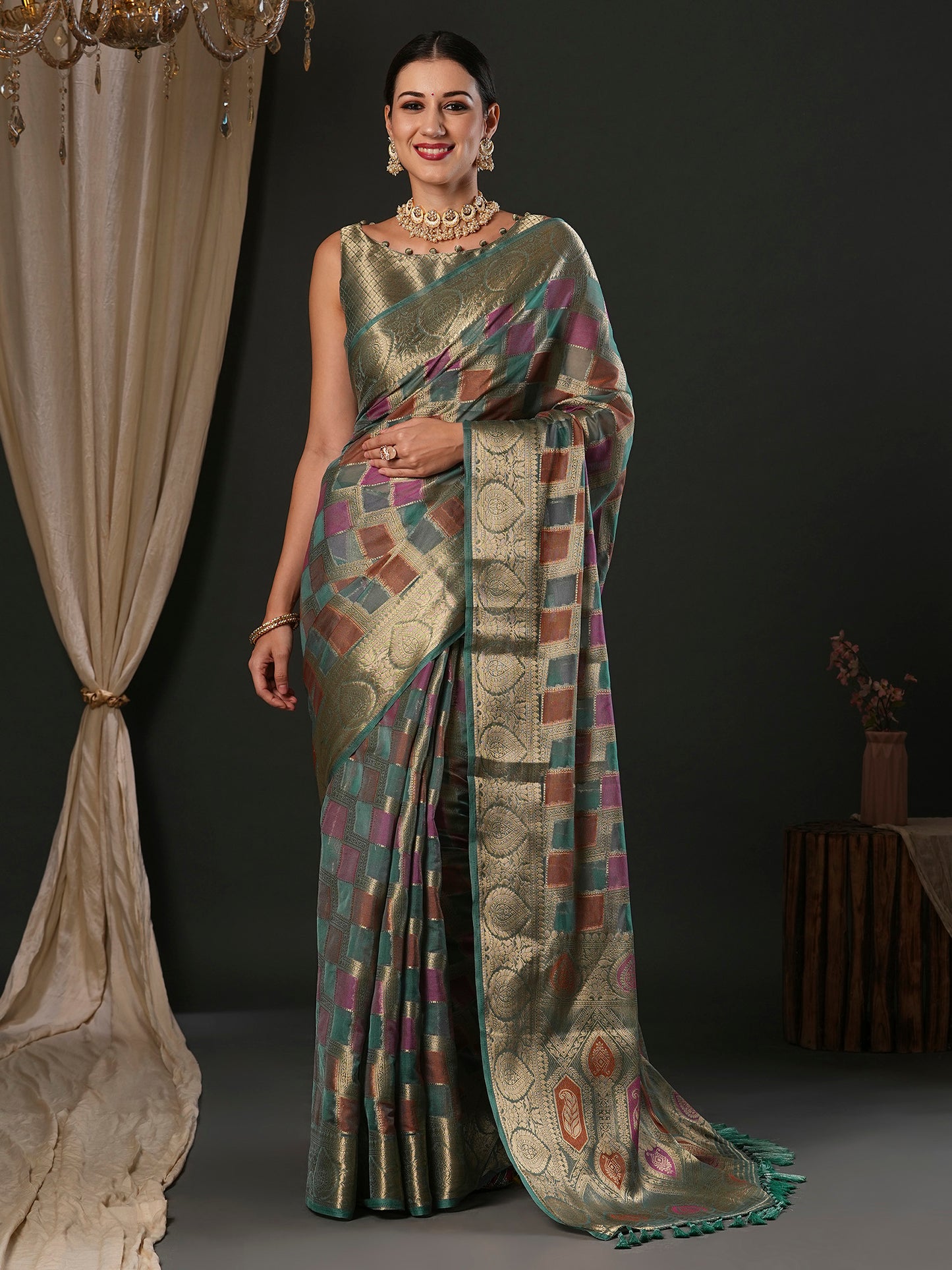 Women's Organza Sea Green Woven Design Designer Saree With Blouse Piece