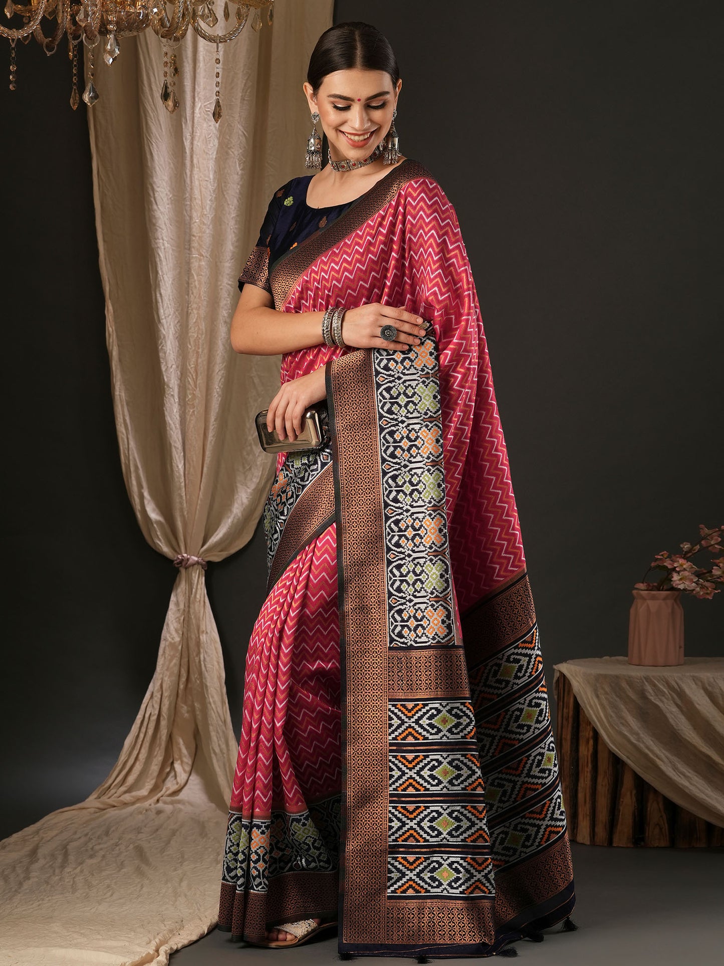 Women's Silk Blend Navy Blue Woven Design Designer Saree With Blouse Piece