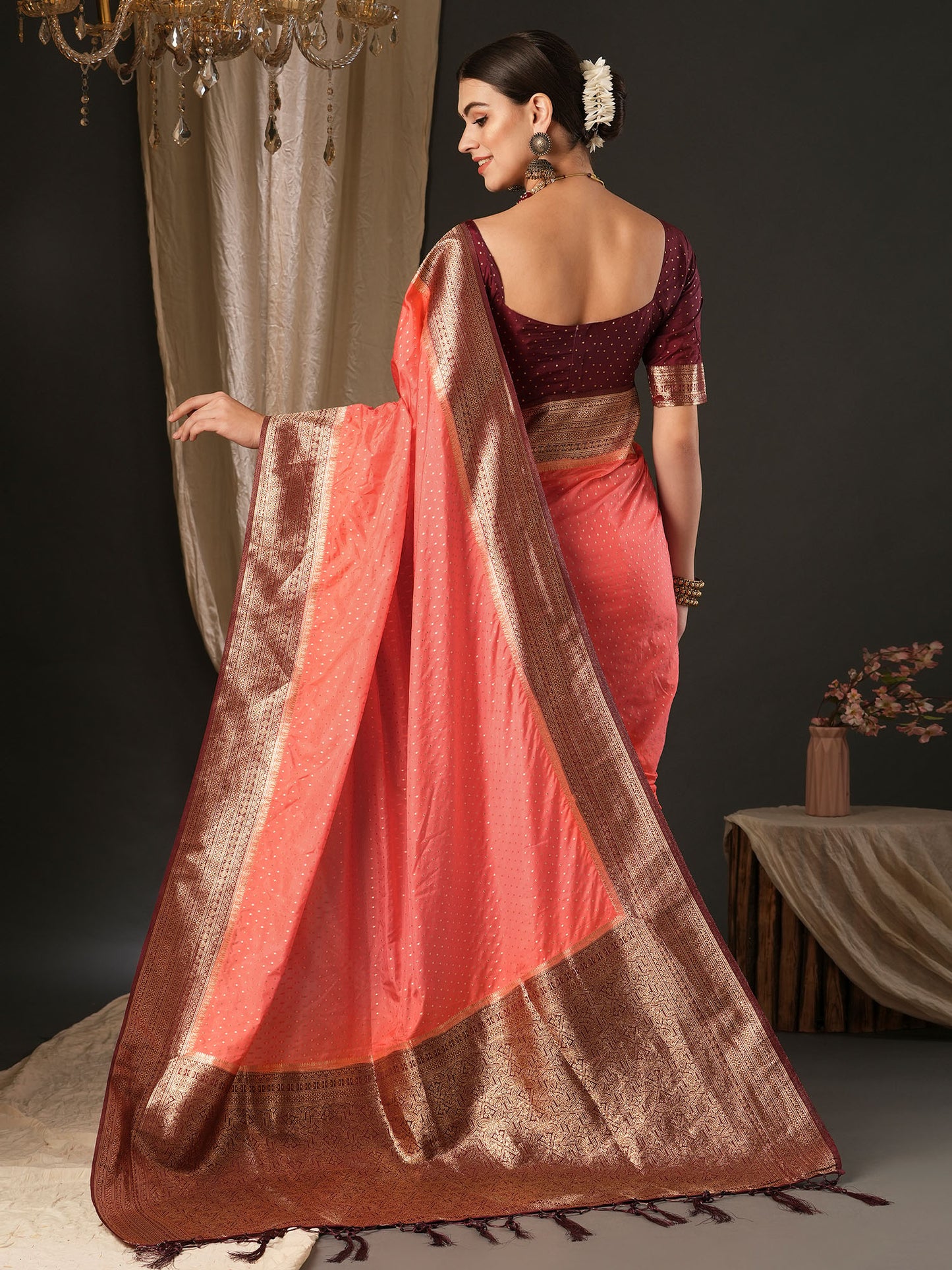 Women's Silk Blend Maroon Woven Design Designer Saree With Blouse Piece