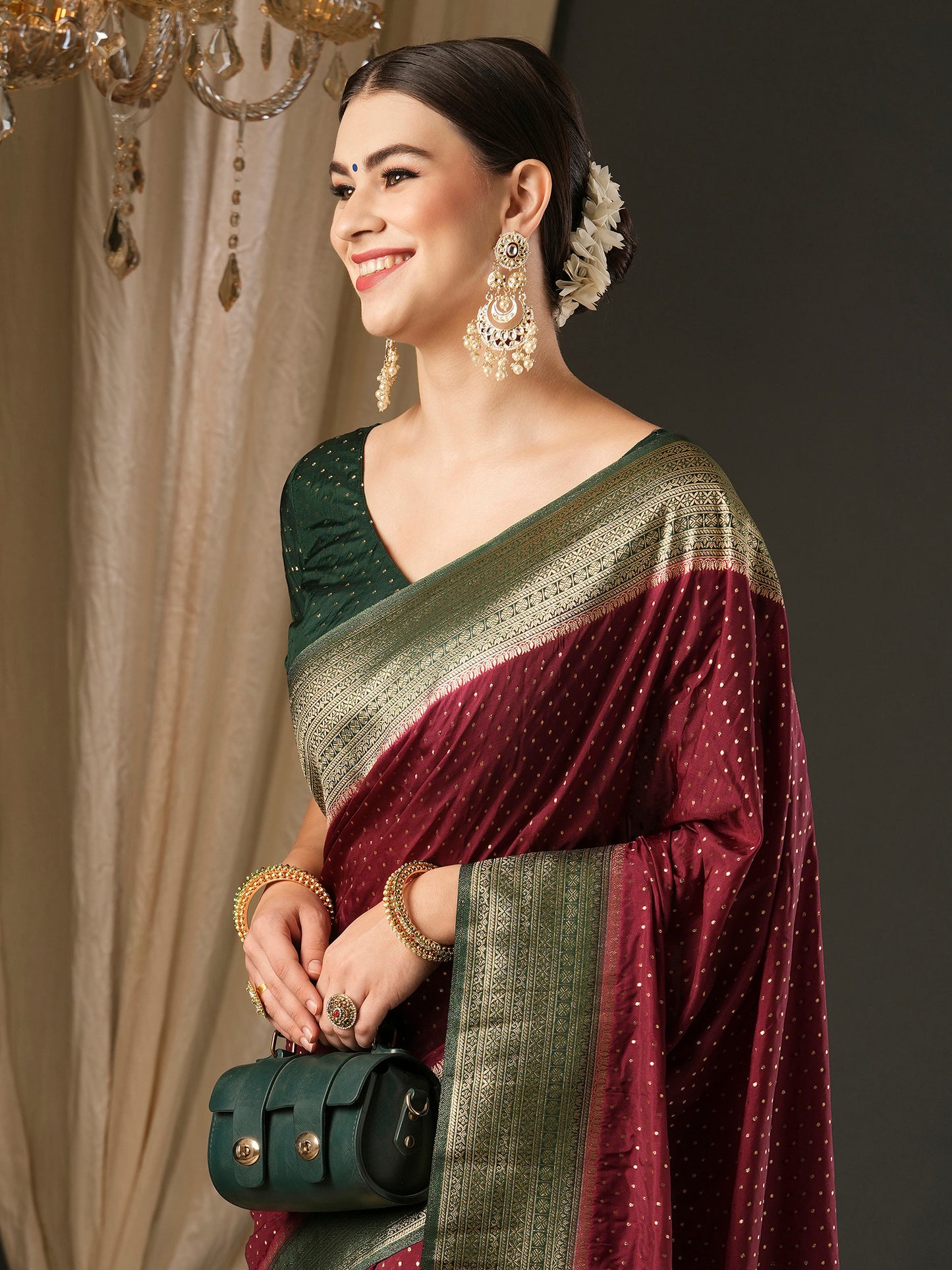 Women's Silk Blend Dark Green Woven Design Designer Saree With Blouse Piece