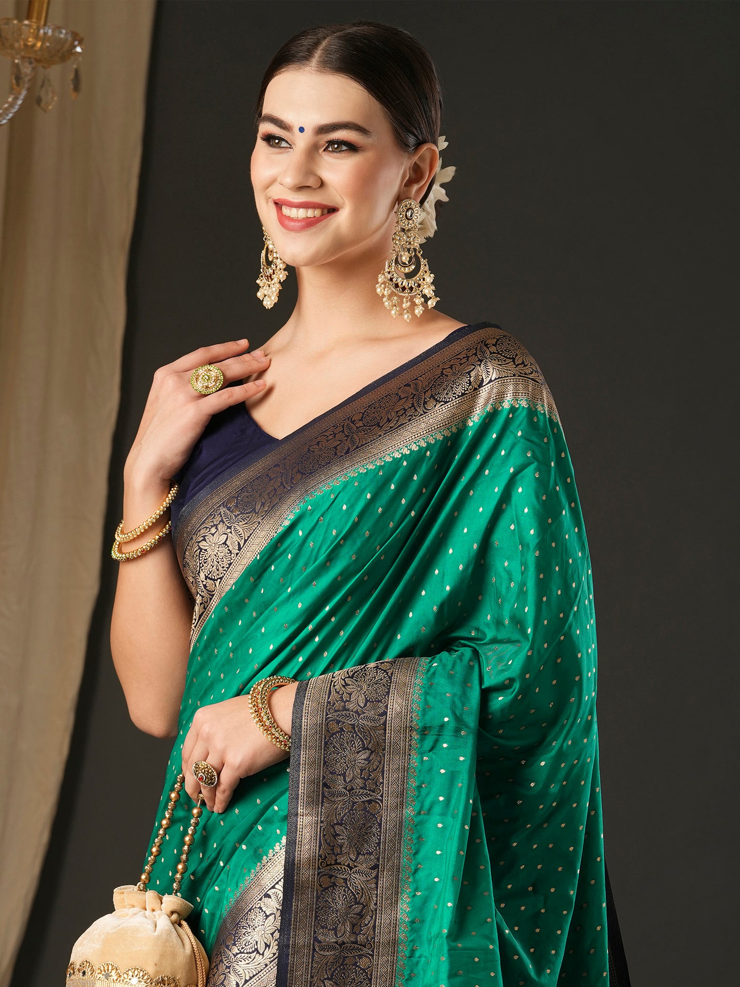 Women's Silk Blend Navy Blue Woven Design Designer Saree With Blouse Piece