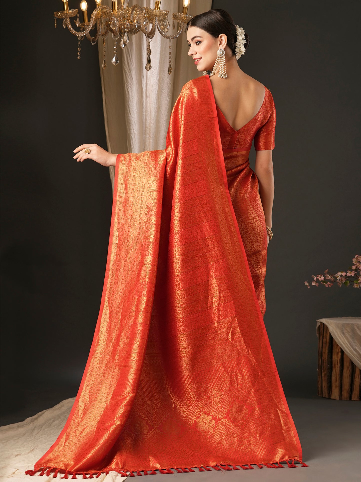 Women's Silk Blend Red Embellished Designer Saree With Blouse Piece