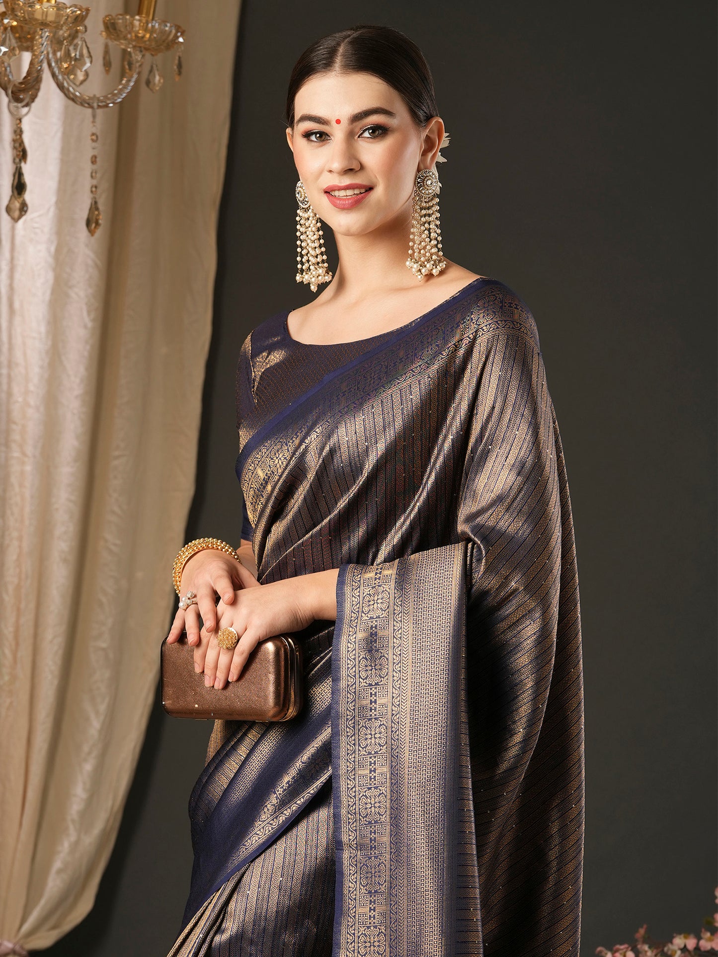 Women's Silk Blend Navy Blue Embellished Designer Saree With Blouse Piece