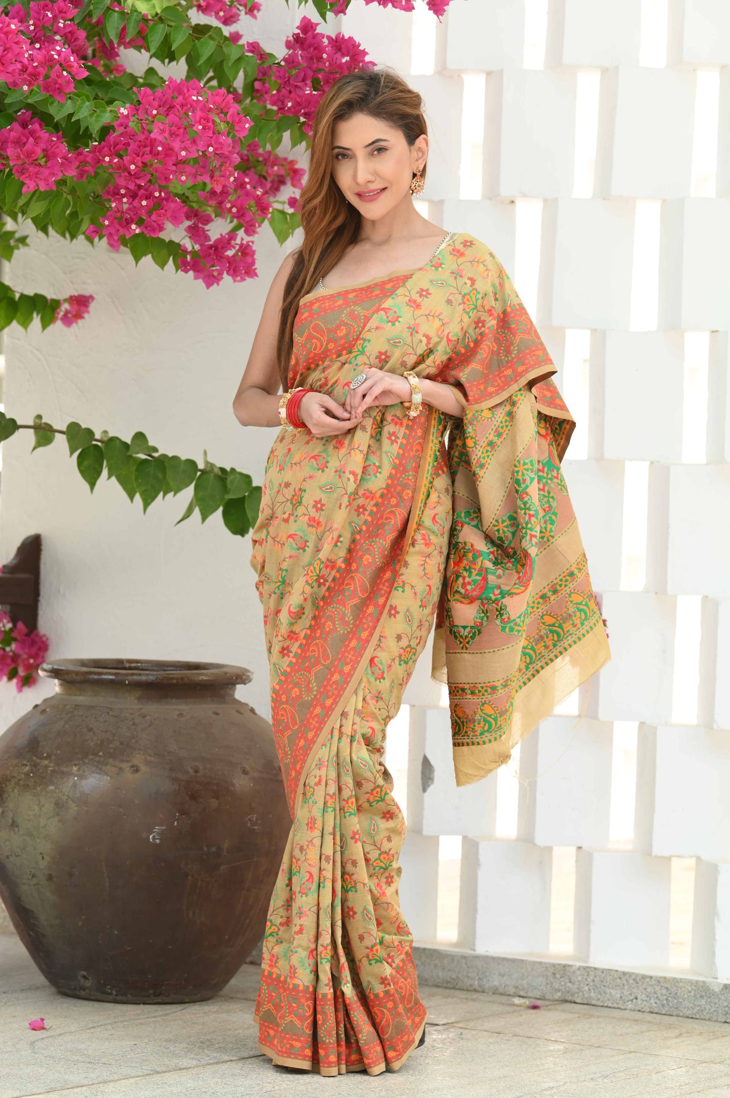 Dhiyona GR Women's Yashodha Hazelnut Beige Jamewar Kashmiri Soft Modal Silk Saree