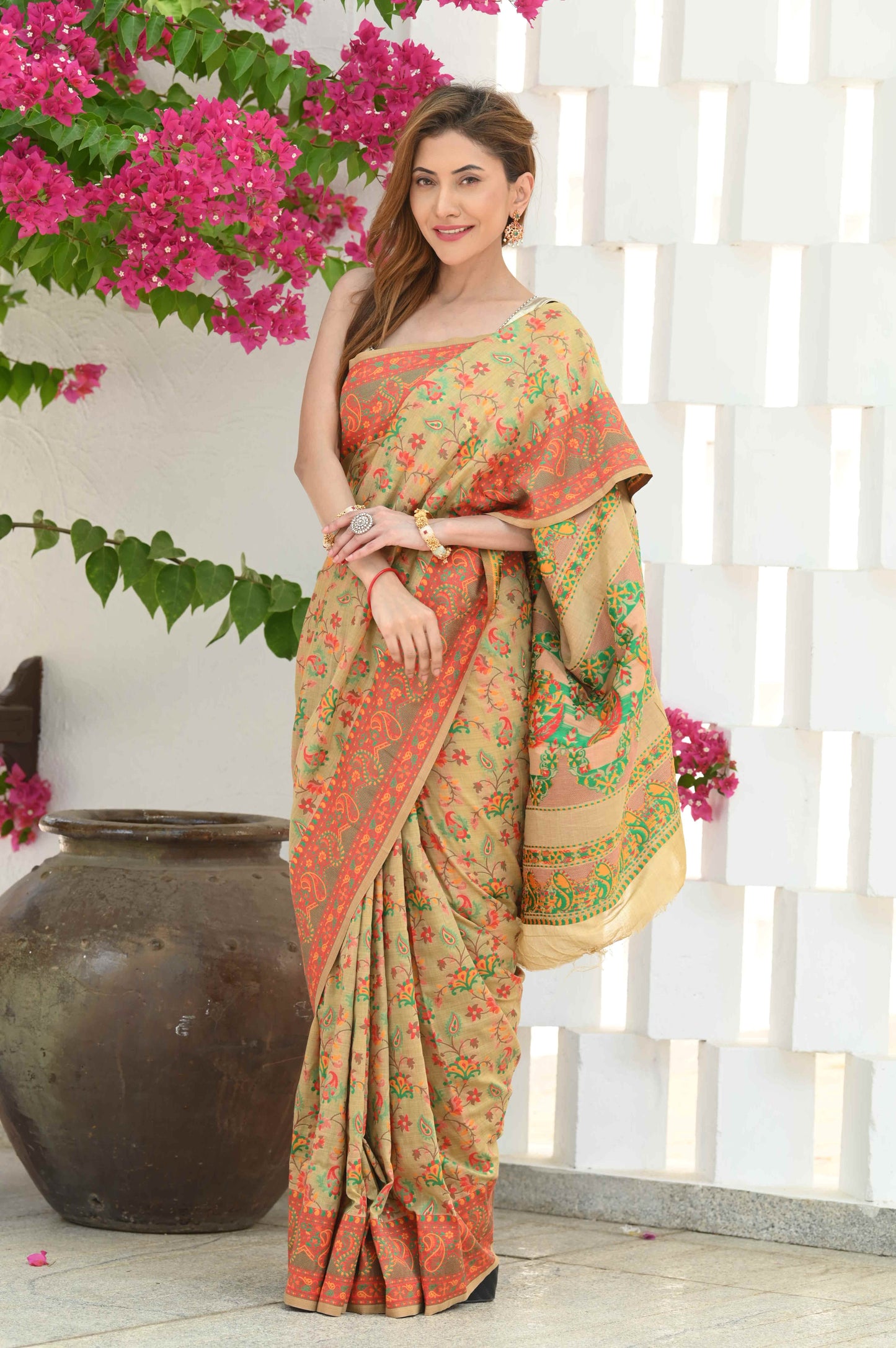 Dhiyona GR Women's Yashodha Hazelnut Beige Jamewar Kashmiri Soft Modal Silk Saree