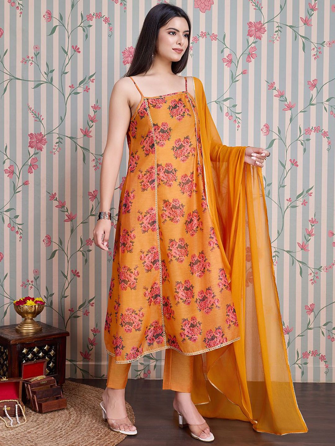 Dhiyona OD Printed Pure Cotton Anarkali Kurta with Trousers & With Dupatta