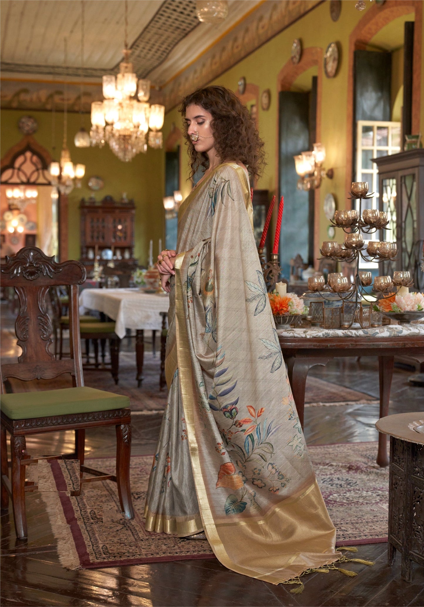 Dhiyona GR Women's Mustard Gold Yellow & Grey Banarasi Digital Soft Silk Saree