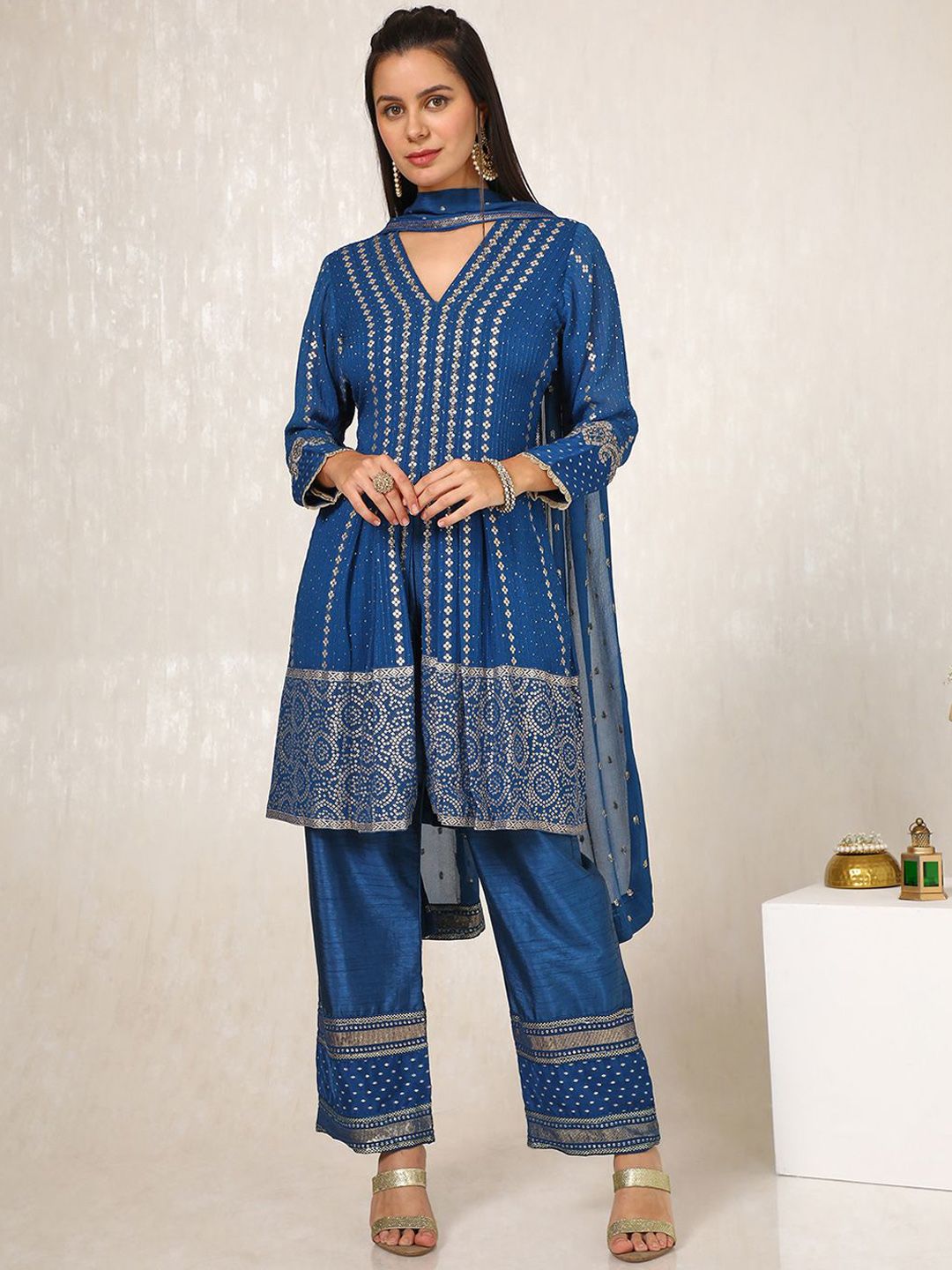Dhiyona SO Women's Ethnic Motifs Embroidered Pleated Sequinned Anarkali Kurta with Trousers & Dupatta