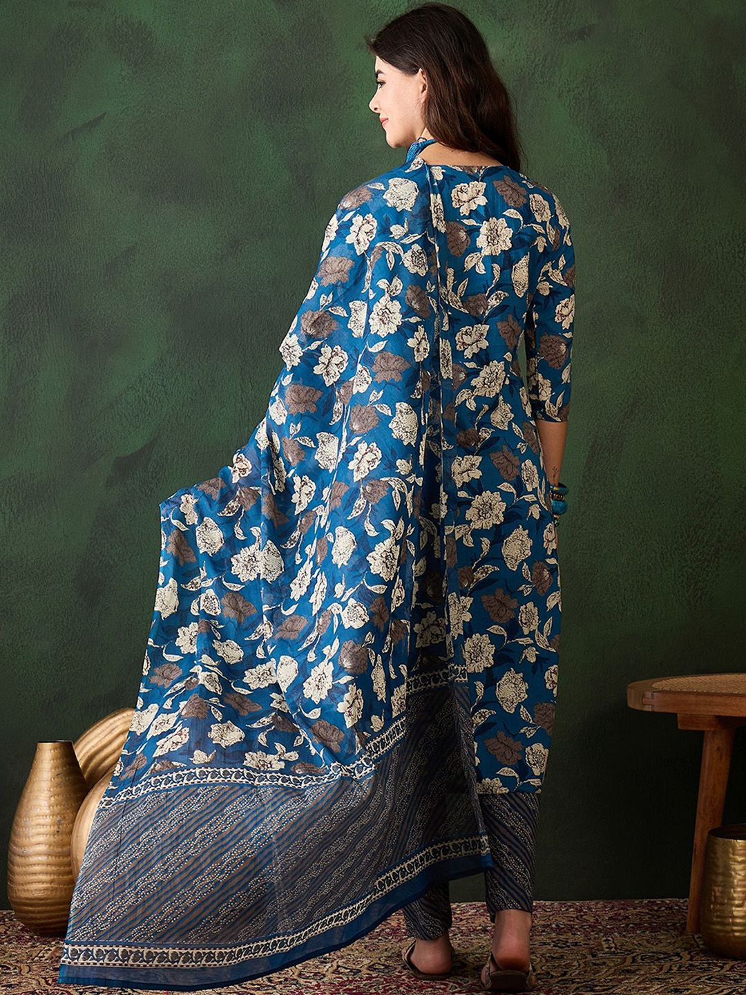 Dhiyona SN Women's Floral Printed Sequinned V-Neck Pure Cotton Straight Kurta & Trouser With Dupatta