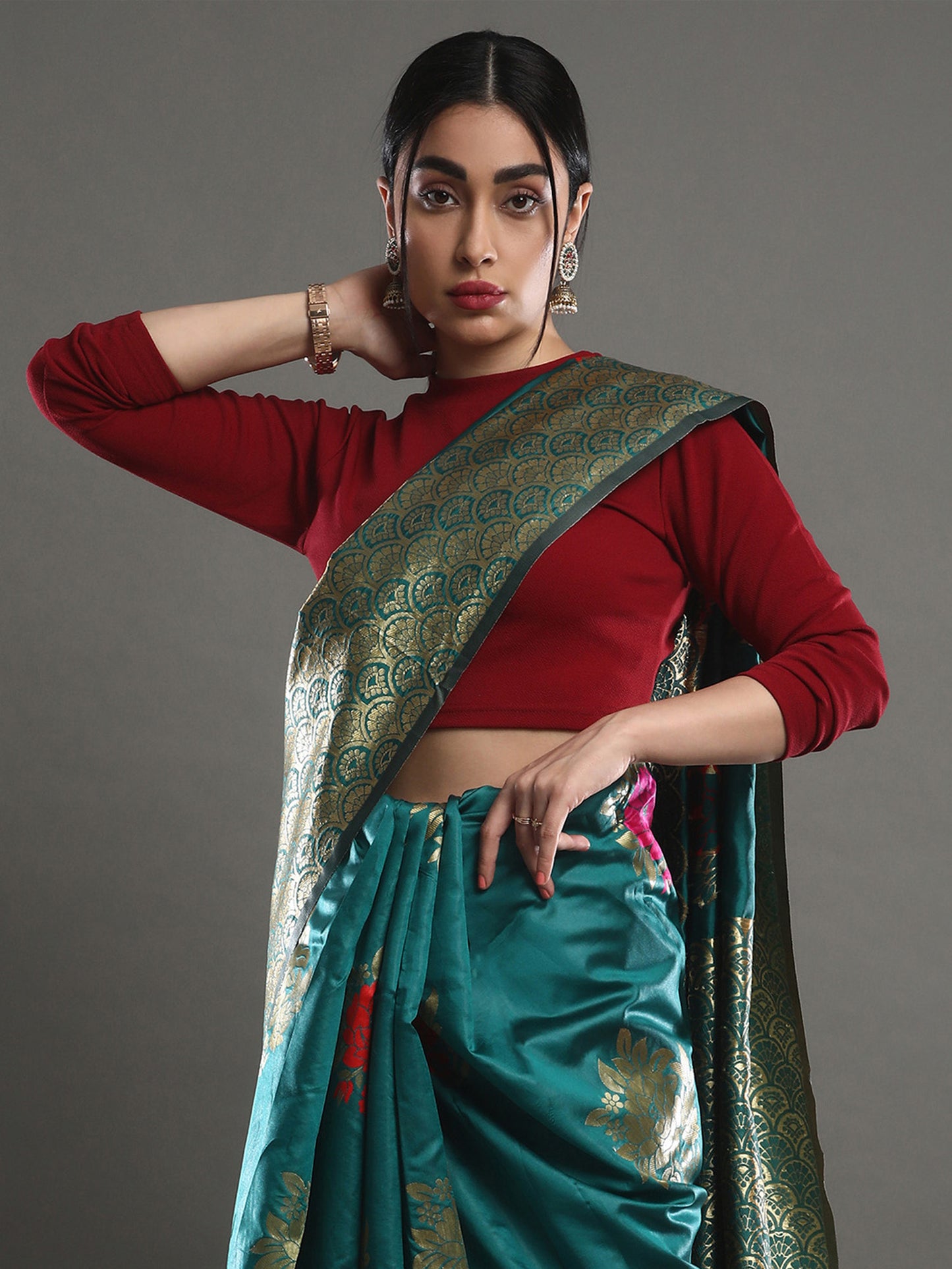 Women's Silk Blend Teal green Woven Design Designer Saree With Blouse Piece