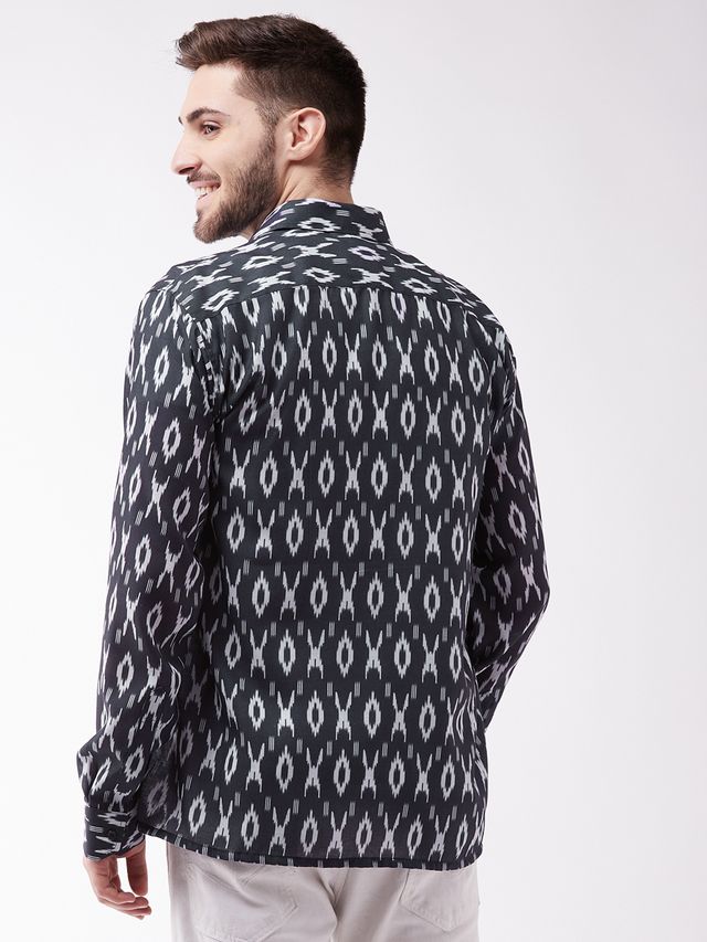 Men's Black Cotton Blend Straight Ethnic Shirt