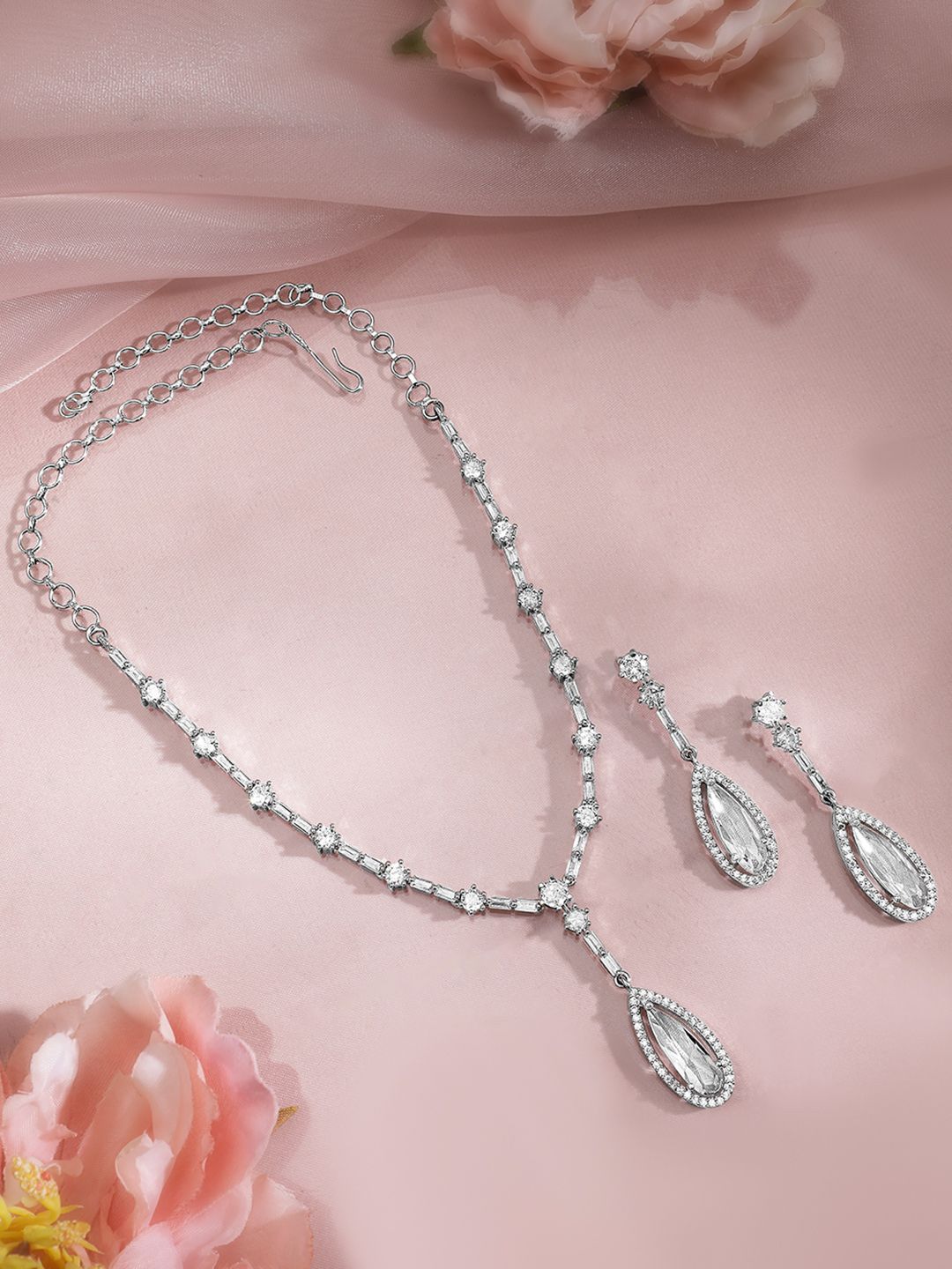 Dhiyona RJ Women's Rhodium Plated AD & Cubic Zirconia Studded Teardrop Statement Jewellery Set