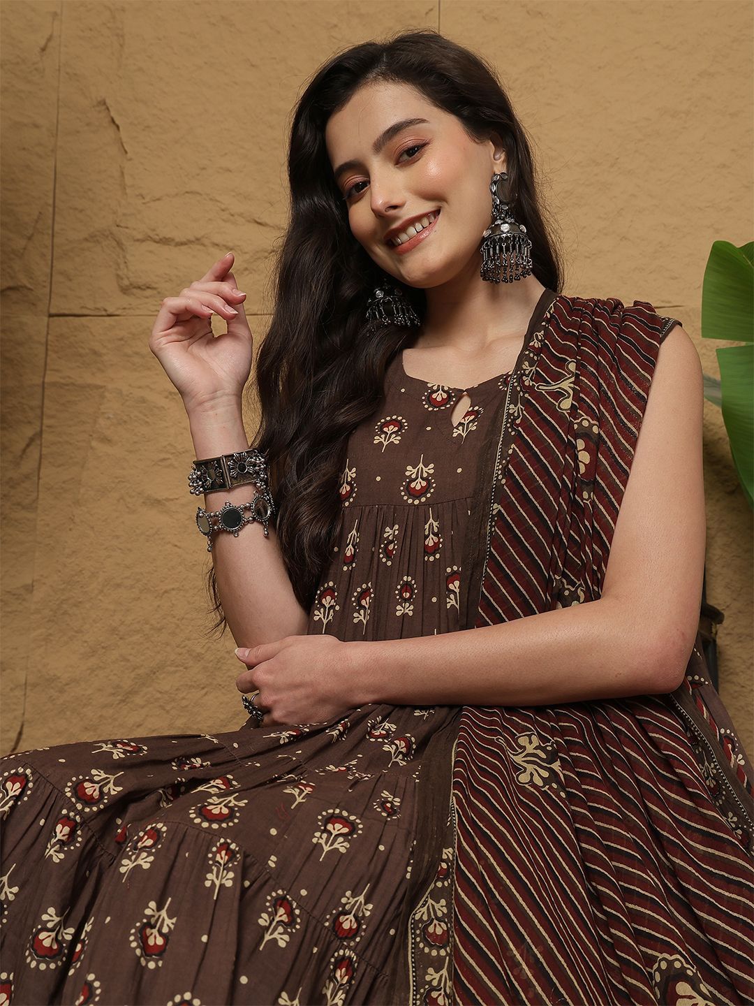 Dhiyona SN Women's Ethnic Motifs Printed Cotton Anarkali Kurta with Trousers & Dupatta