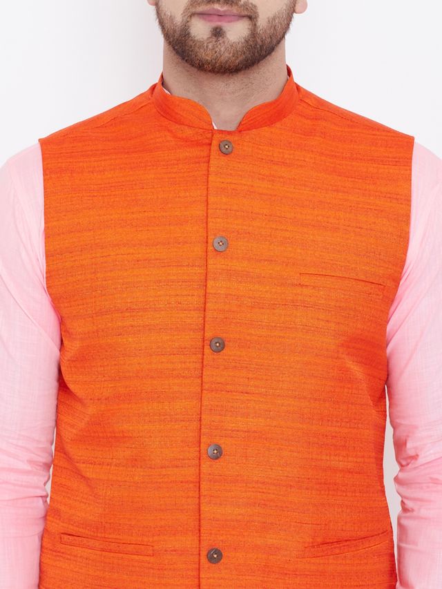 Men's Pink Cotton Blend Straight Jacket Kurta and Pyjama Set