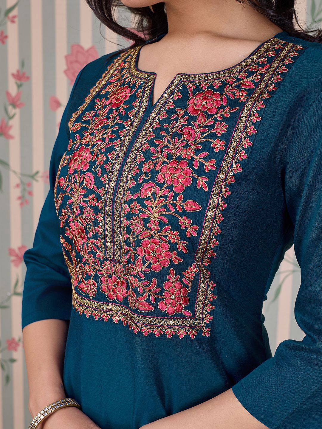 Dhiyona OD Blue Ethnic Motifs Embroidered Zari Kurta With Trousers & Dupatta