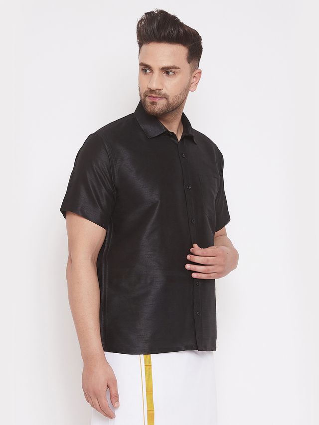 Men's Black Silk Blend Straight Ethnic Shirt