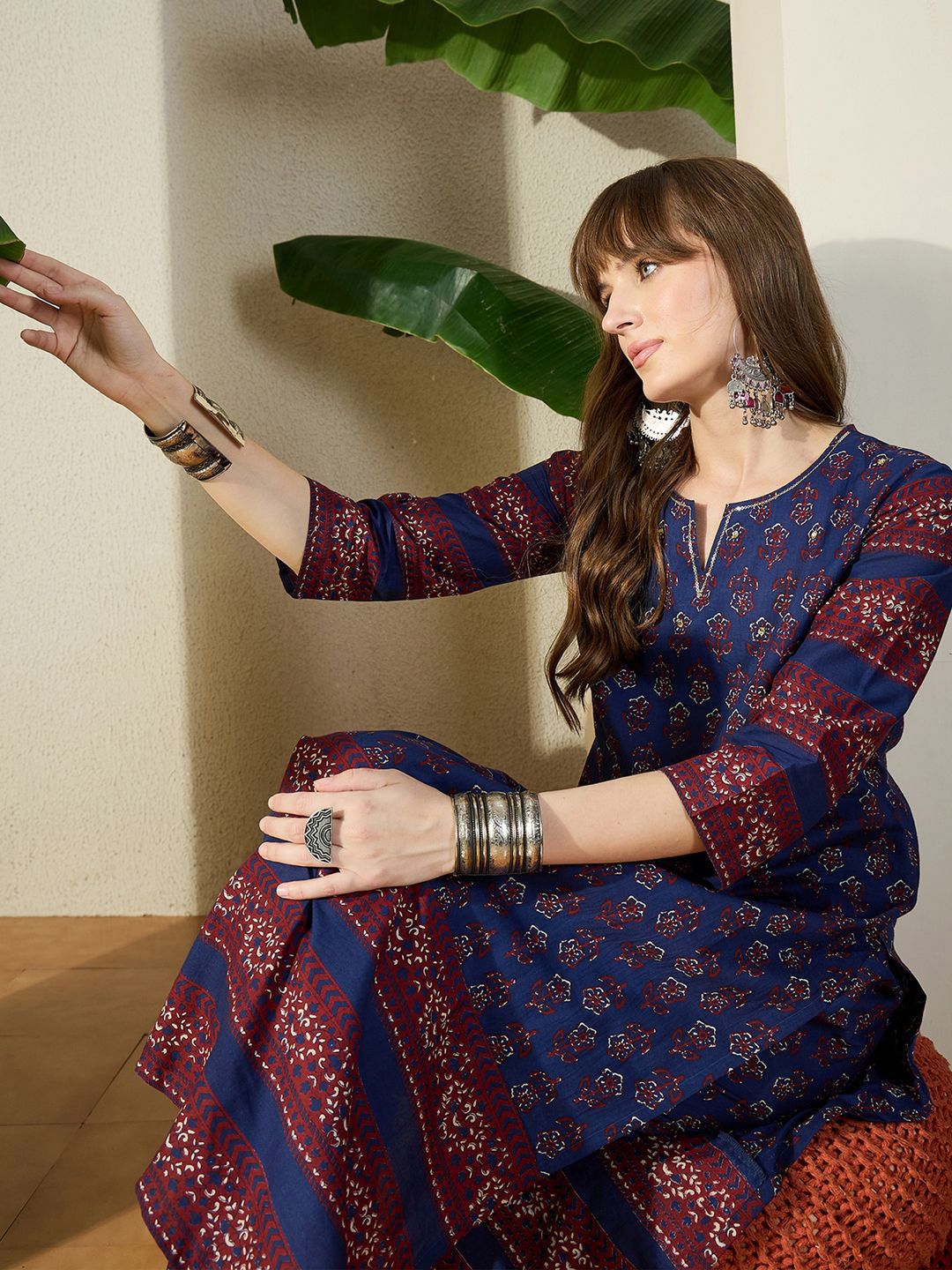 Dhiyona IE Printed Round Neck Pure Cotton Tunic With Trousers