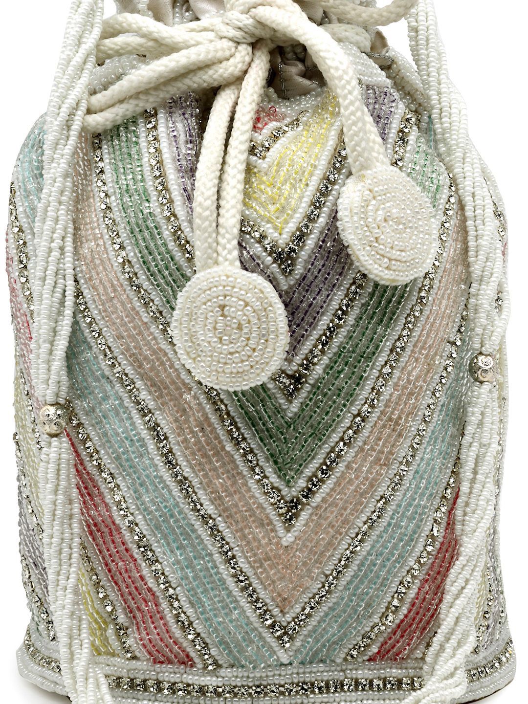 Dhiyona NR Dangle White & Pastel Multi Chevron Embellished Faux Silk Potli