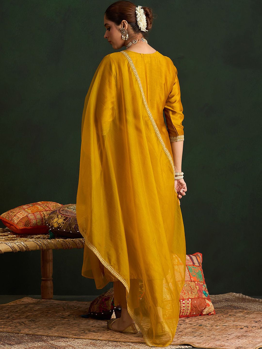 Dhiyona IE Women Embroidered Regular Sequinned Kurta with Trousers & With Dupatta