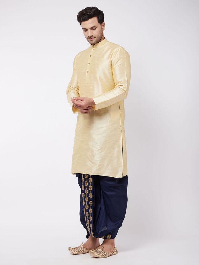 Men's Gold Silk Blend Straight Kurta and Dhoti Set