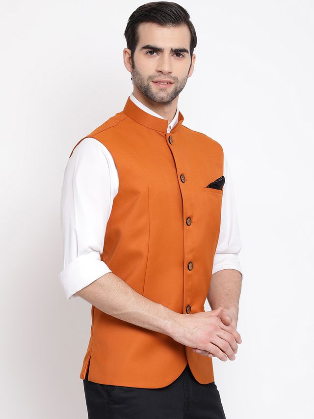 Men's Orange Cotton Silk Straight Nehru Jacket