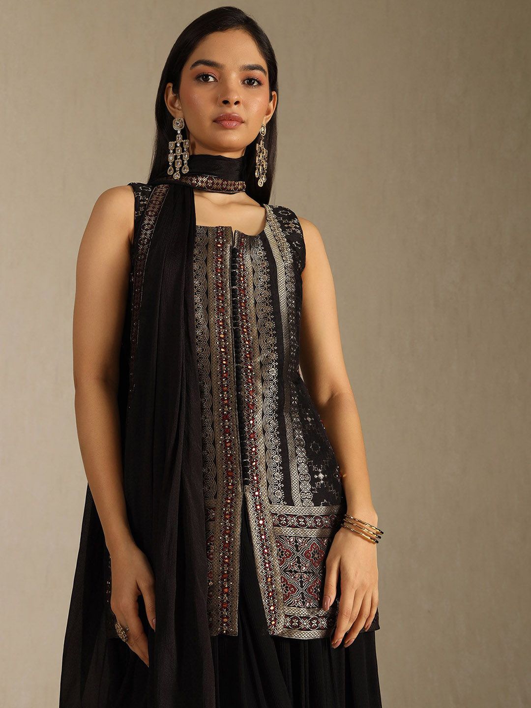 Dhiyona SO Women's Floral Woven Design Mirror Work Kurta With Palazzos & Dupatta