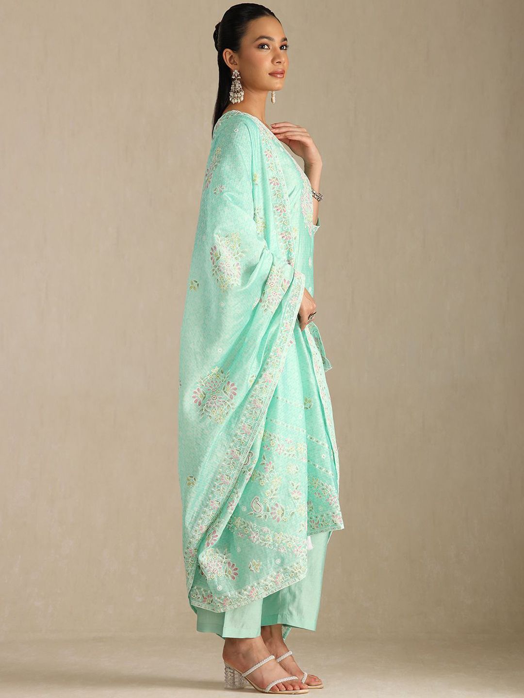 Dhiyona SO Women's Women Printed Regular Thread Work Chanderi Cotton Kurta with Palazzos & With Dupatta