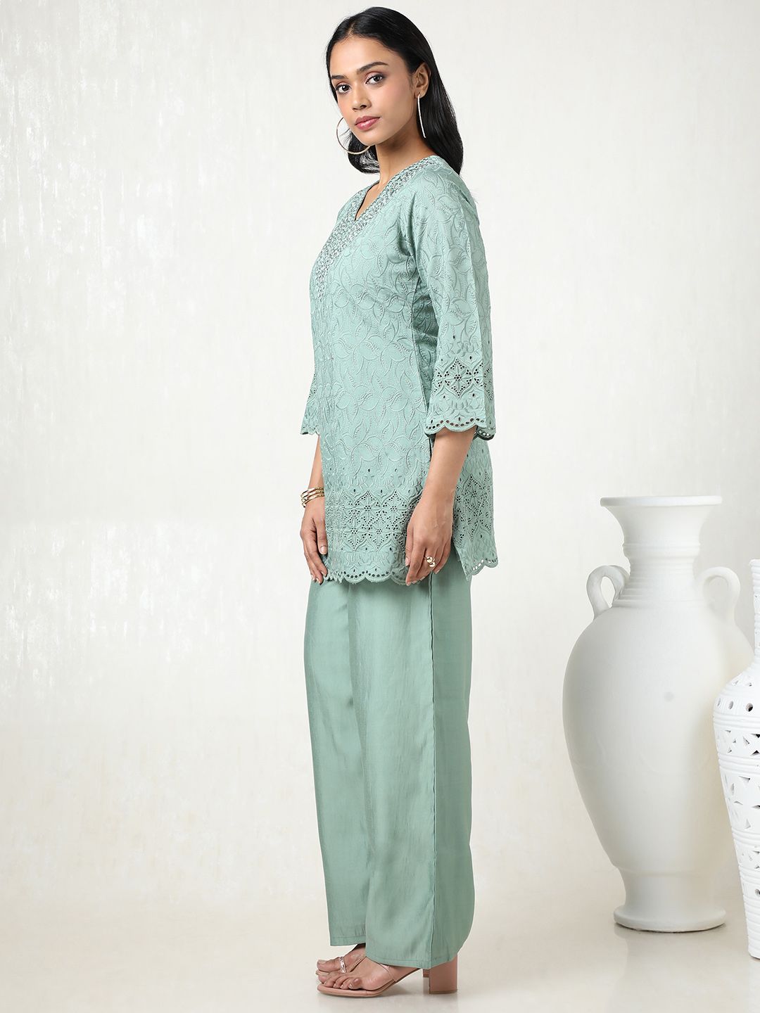 Dhiyona SO Women's Women Embroidered Angrakha Mirror Work Kurta with Palazzos