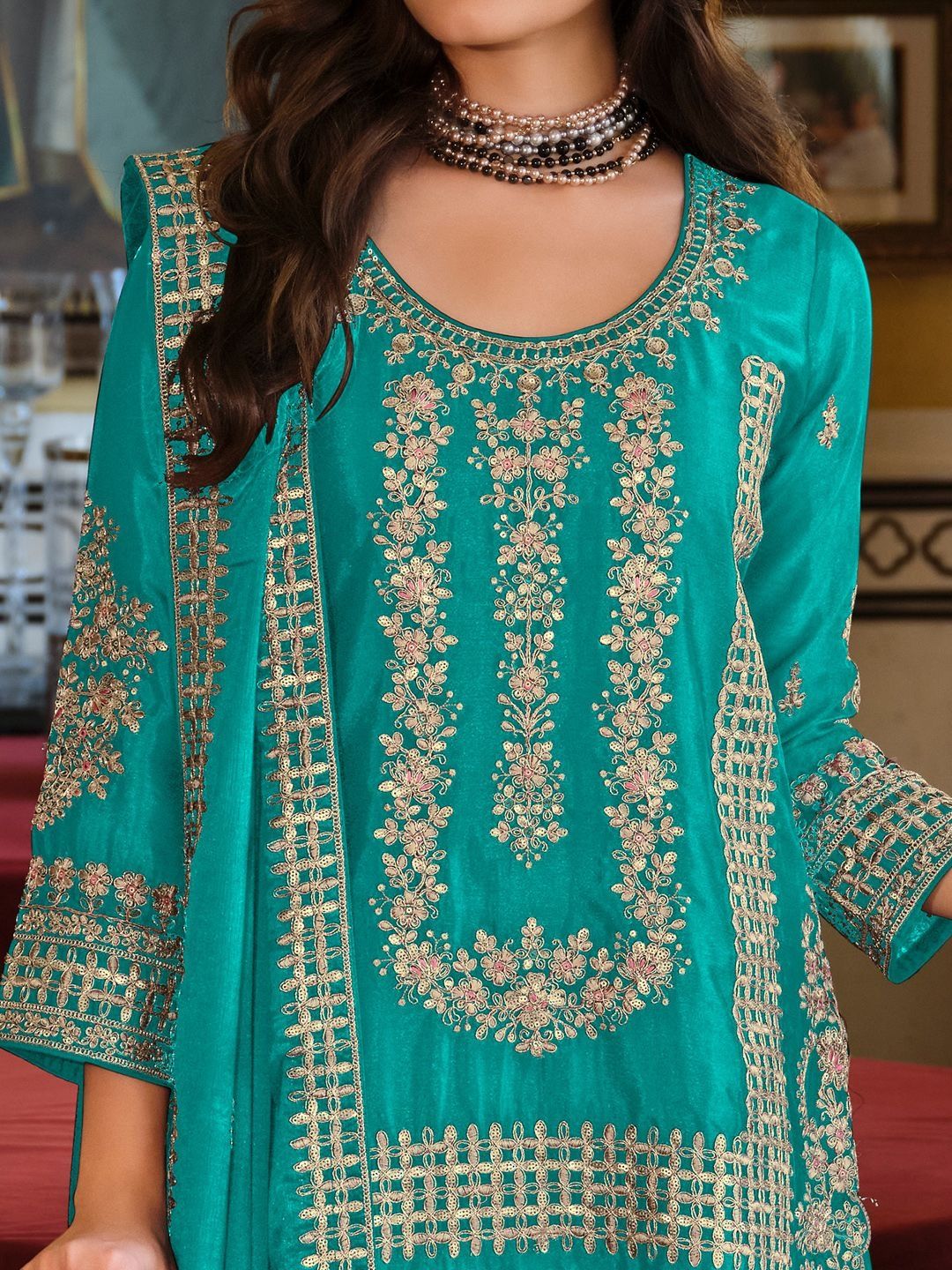 Dhiyona IE Ethnic Motifs Embroidered Round Neck Straight Kurta With Sharara & Dupatta