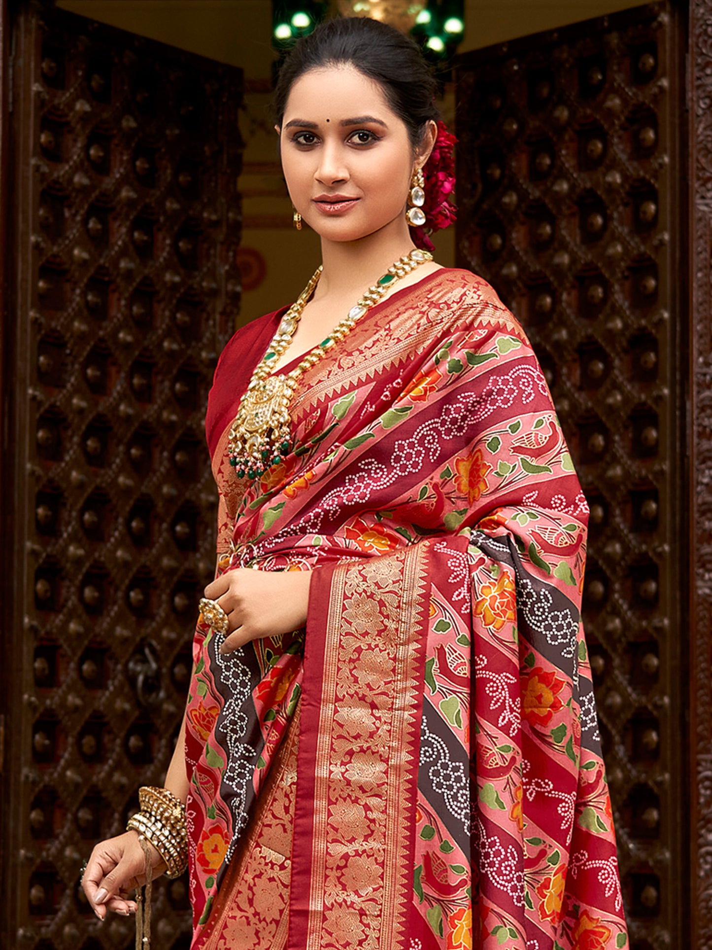 Women's Tussar Silk Maroon Printed Designer Saree With Blouse Piece