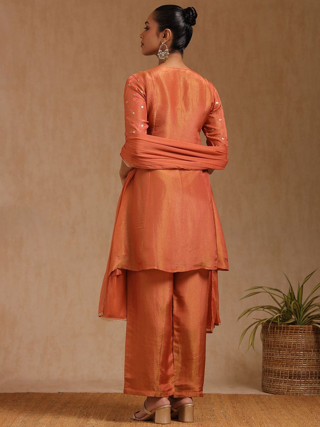 Dhiyona SO Women's Embroidered Woven Design Sequinned A-Line Kurta with Palazzos & Dupatta