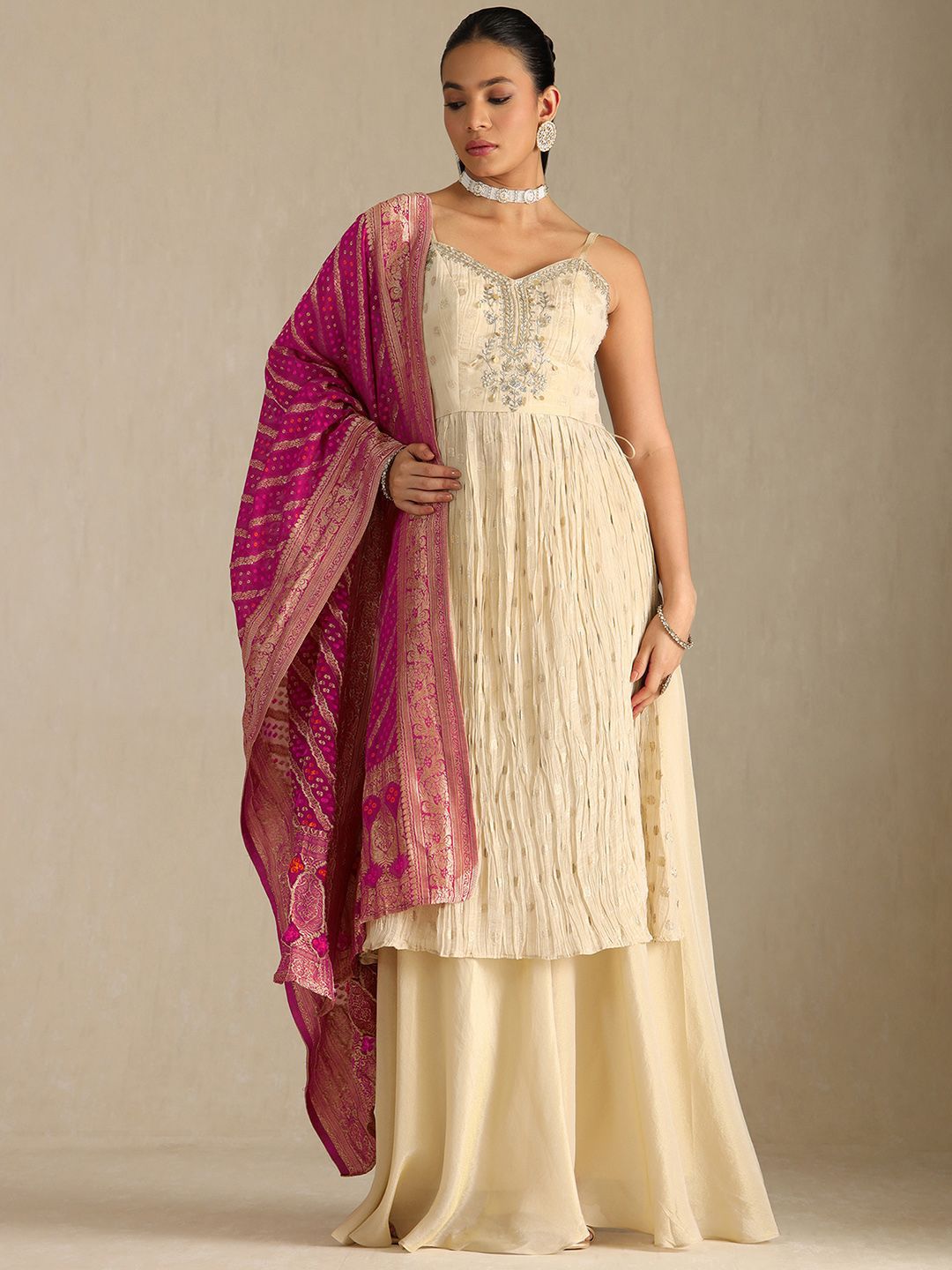 Dhiyona SO Women's Floral Woven Design Sequinned Pleated Anarkali Tissue Kurta With Palazzos & Dupatta