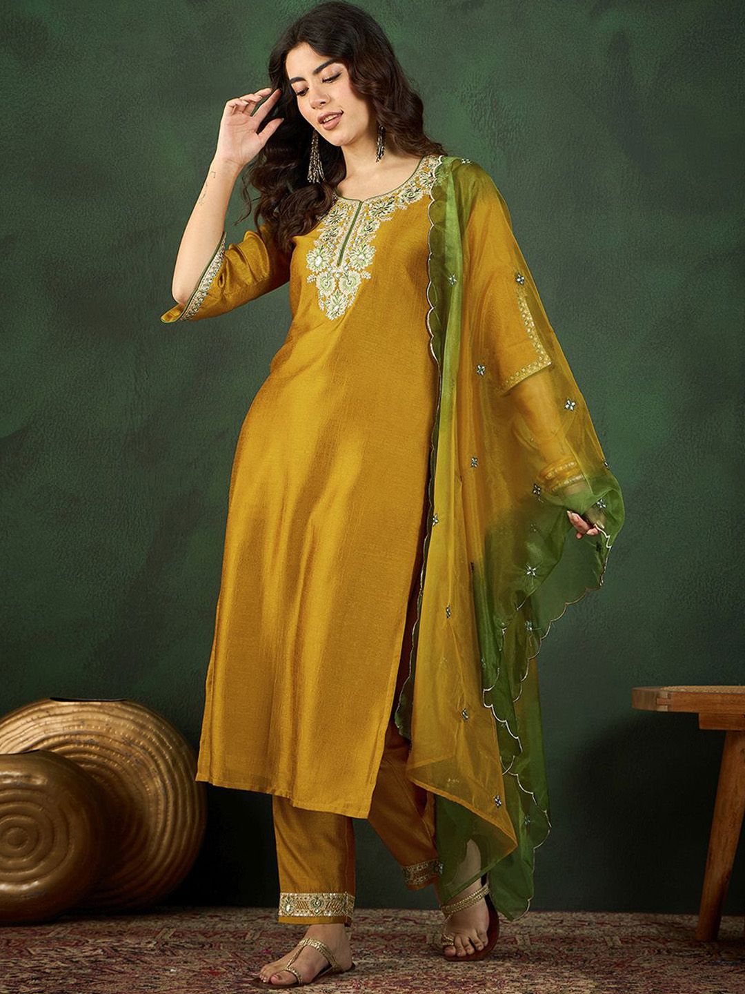 Dhiyona SN Women's Mustard Yellow & Green Floral Embroidered Zari Kurta With Trousers & Dupatta