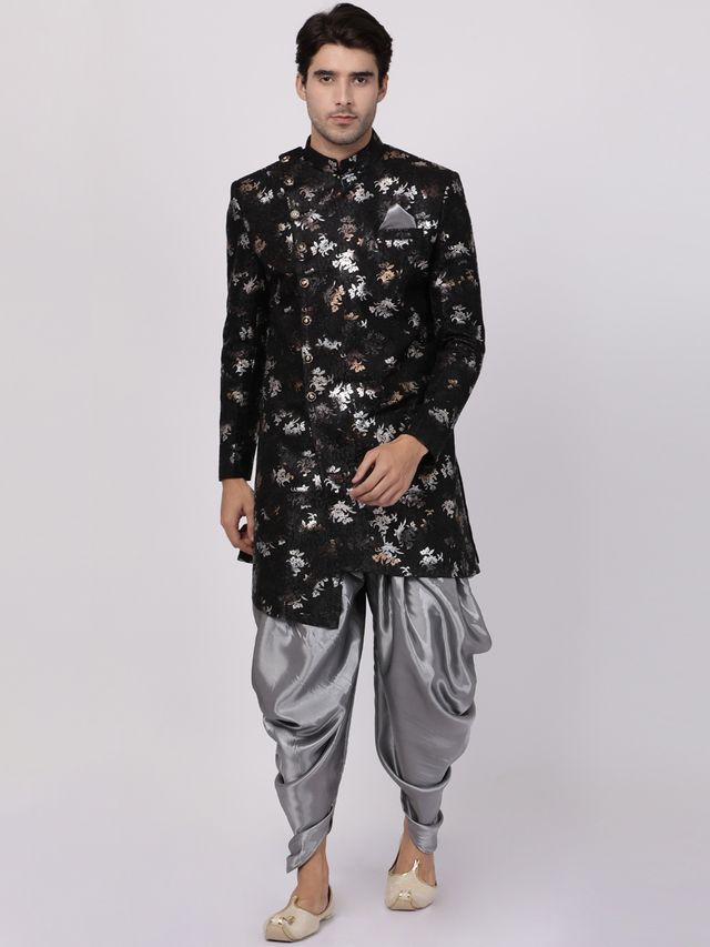 Men's Black Polyester Lurex Blend Asymmetric Sherwani Set