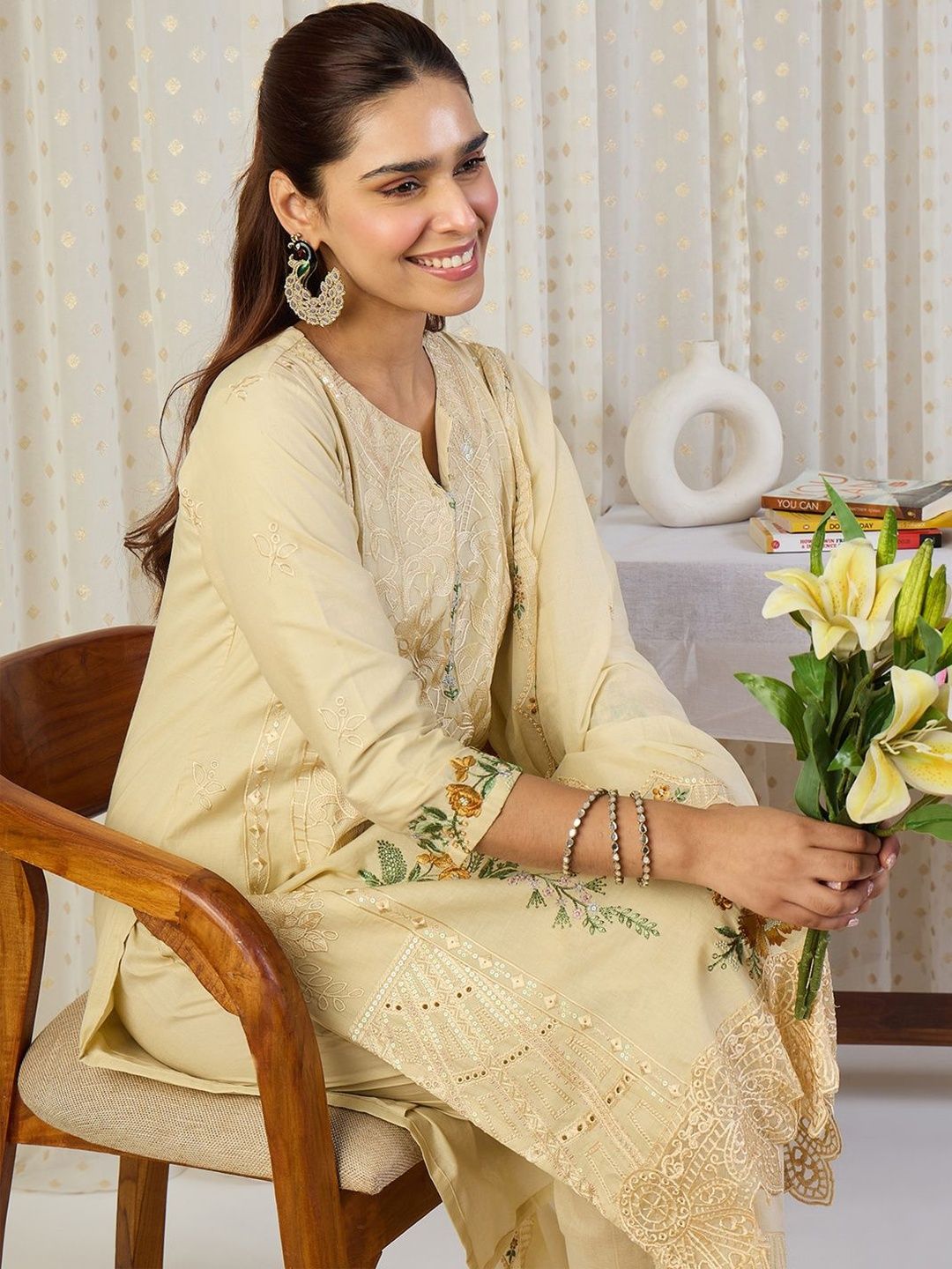 Women Embroidered Round Neck Sequinned Pure Cotton Kurta with Trousers & Dupatta