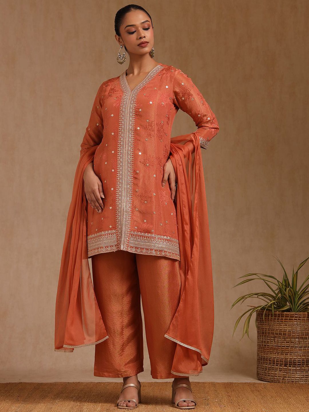 Dhiyona SO Women's Embroidered Woven Design Sequinned A-Line Kurta with Palazzos & Dupatta