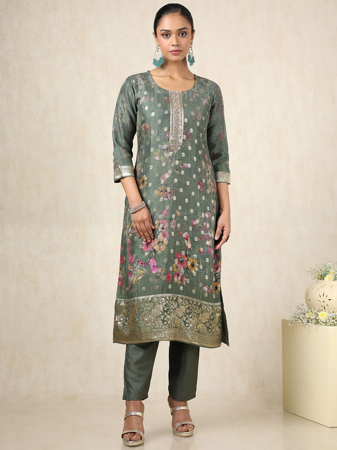 Dhiyona SO Women's Floral Printed Mirror Work Straight Kurta With Trousers & Dupatta