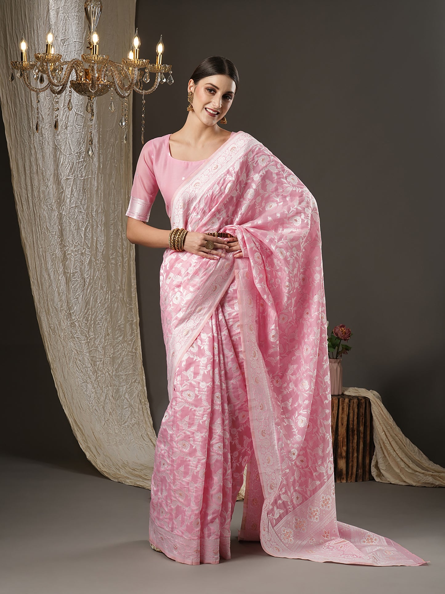 Women's Cotton Silk Pink Woven Design Designer Saree With Blouse Piece