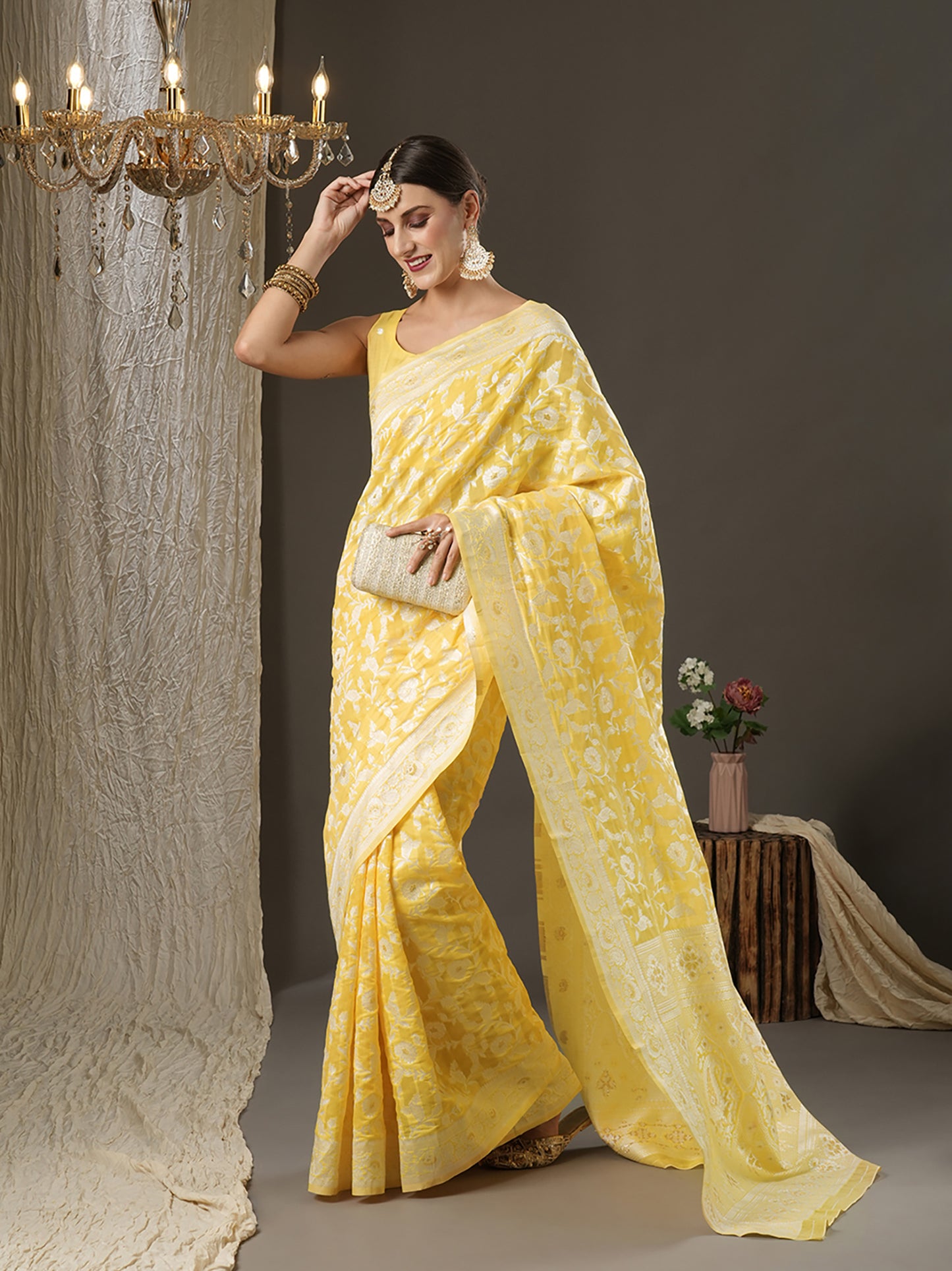 Women's Cotton Silk Yellow Woven Design Designer Saree With Blouse Piece