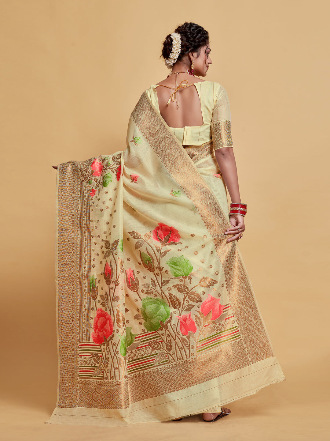 Dhiyona GR Women's Gulabo Almond Beige Woven Jamewar Kashmiri Modal Silk Saree
