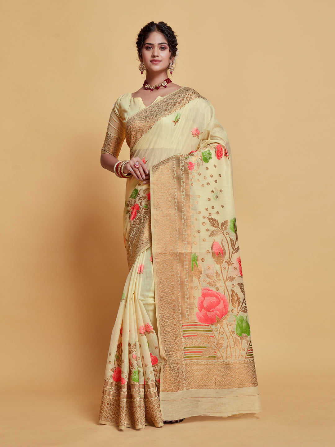 Dhiyona GR Women's Gulabo Almond Beige Woven Jamewar Kashmiri Modal Silk Saree