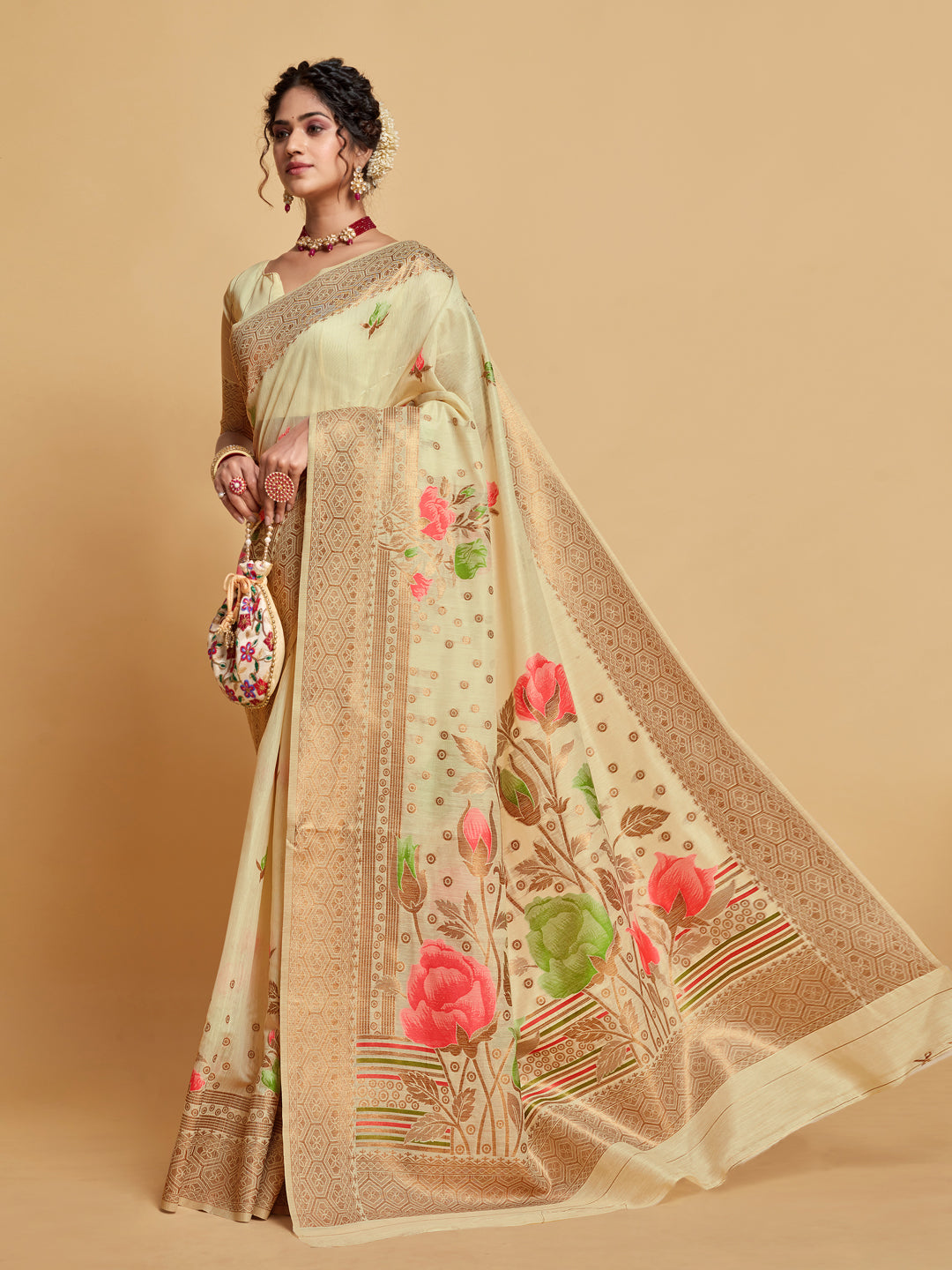 Dhiyona GR Women's Gulabo Almond Beige Woven Jamewar Kashmiri Modal Silk Saree