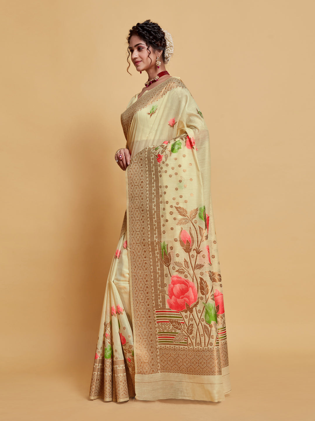 Dhiyona GR Women's Gulabo Almond Beige Woven Jamewar Kashmiri Modal Silk Saree