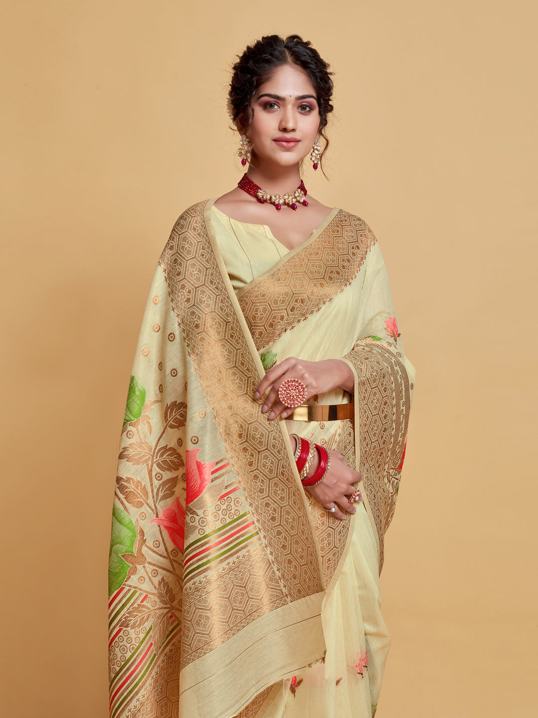 Dhiyona GR Women's Gulabo Almond Beige Woven Jamewar Kashmiri Modal Silk Saree