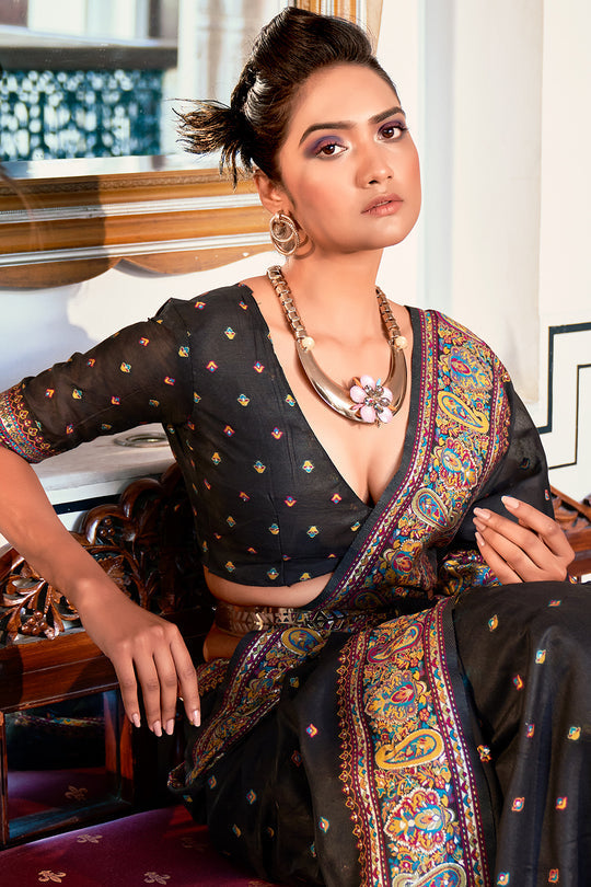 Dhiyona GR Women's Zoya Obsidian Black Pashmina Modal Silk Saree