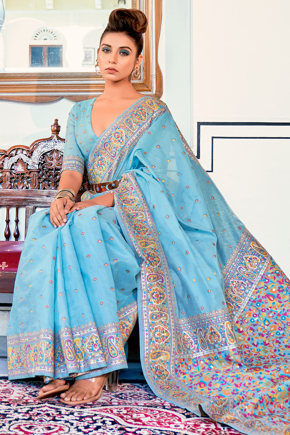 Dhiyona GR Women's Zoya Vivid Sky Blue Pashmina Modal Silk Saree
