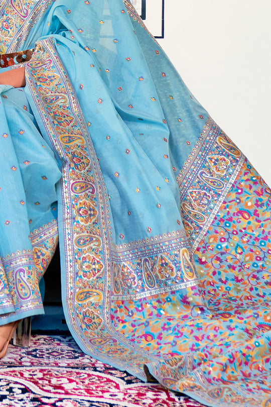 Dhiyona GR Women's Zoya Vivid Sky Blue Pashmina Modal Silk Saree