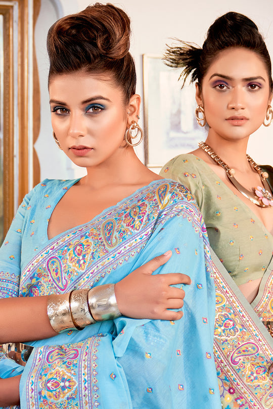 Dhiyona GR Women's Zoya Vivid Sky Blue Pashmina Modal Silk Saree